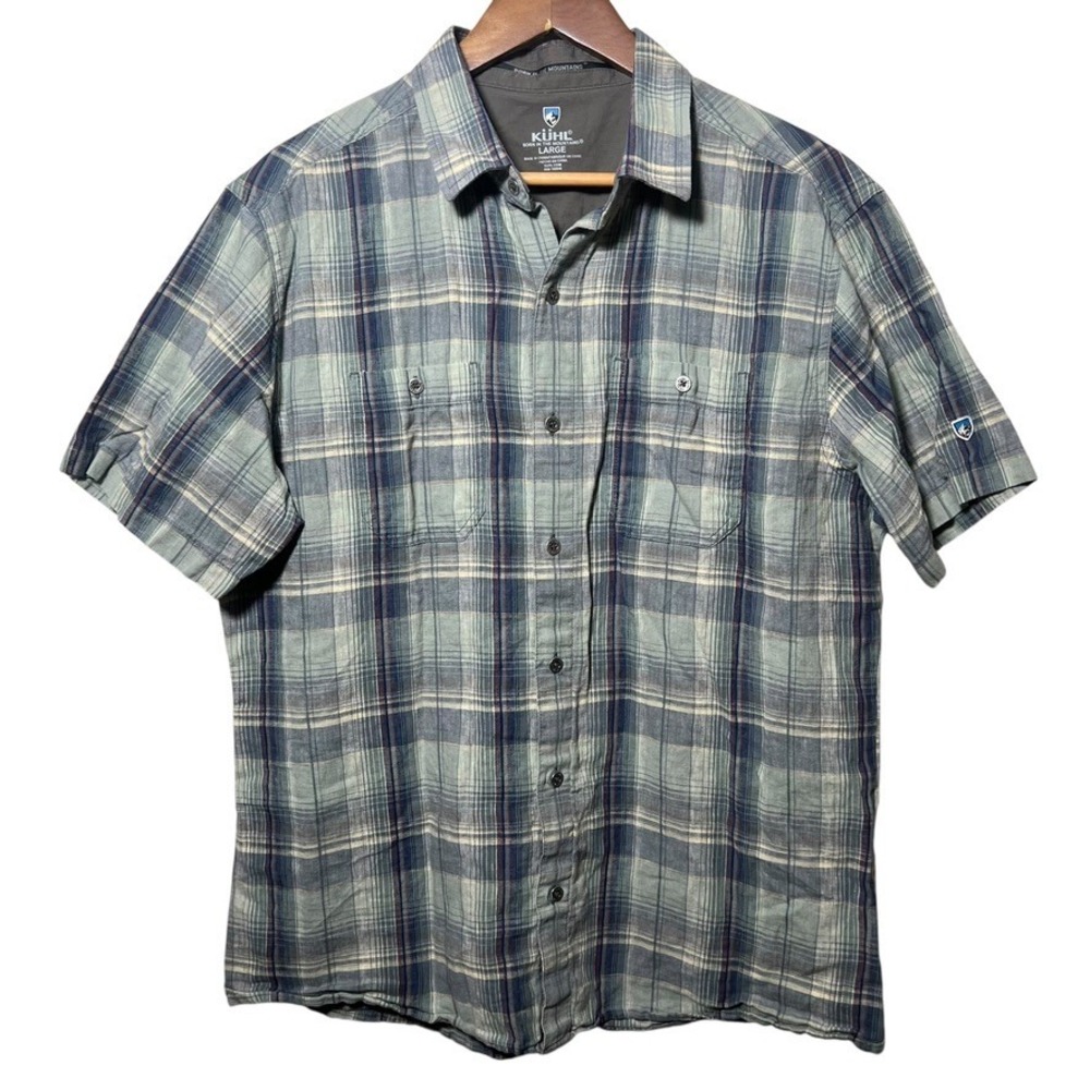 KUHL Men's Plaid Linen Cotton Button Up Shirt‎ Large Blue Outdoor Hiking Top